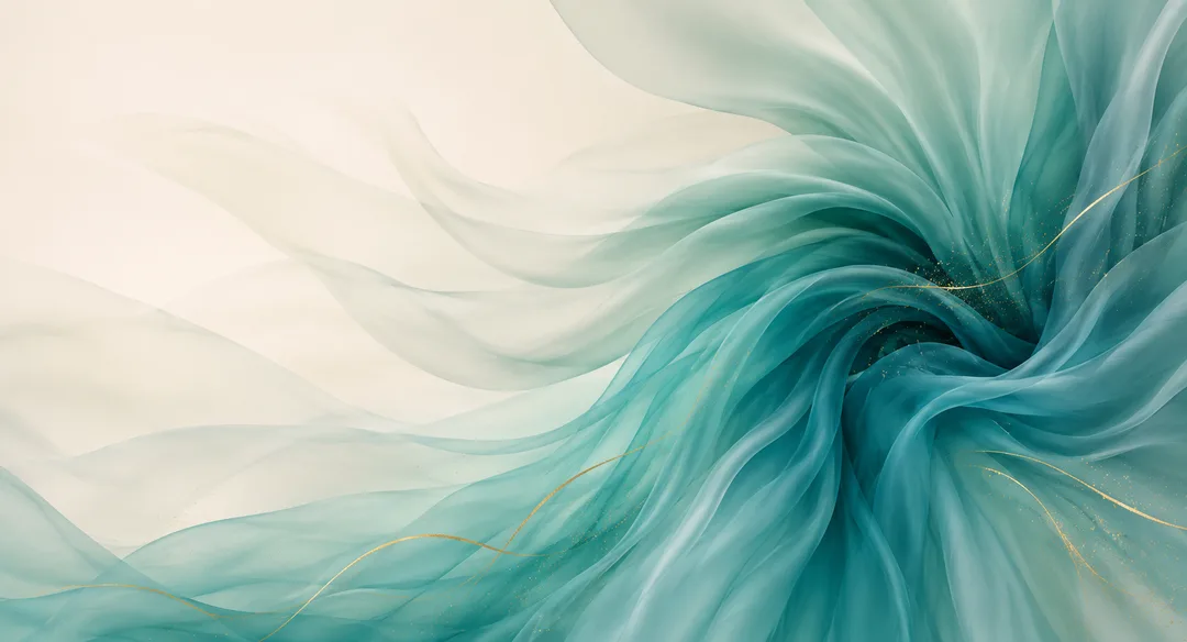 Teal silk drifting across an ivory canvas