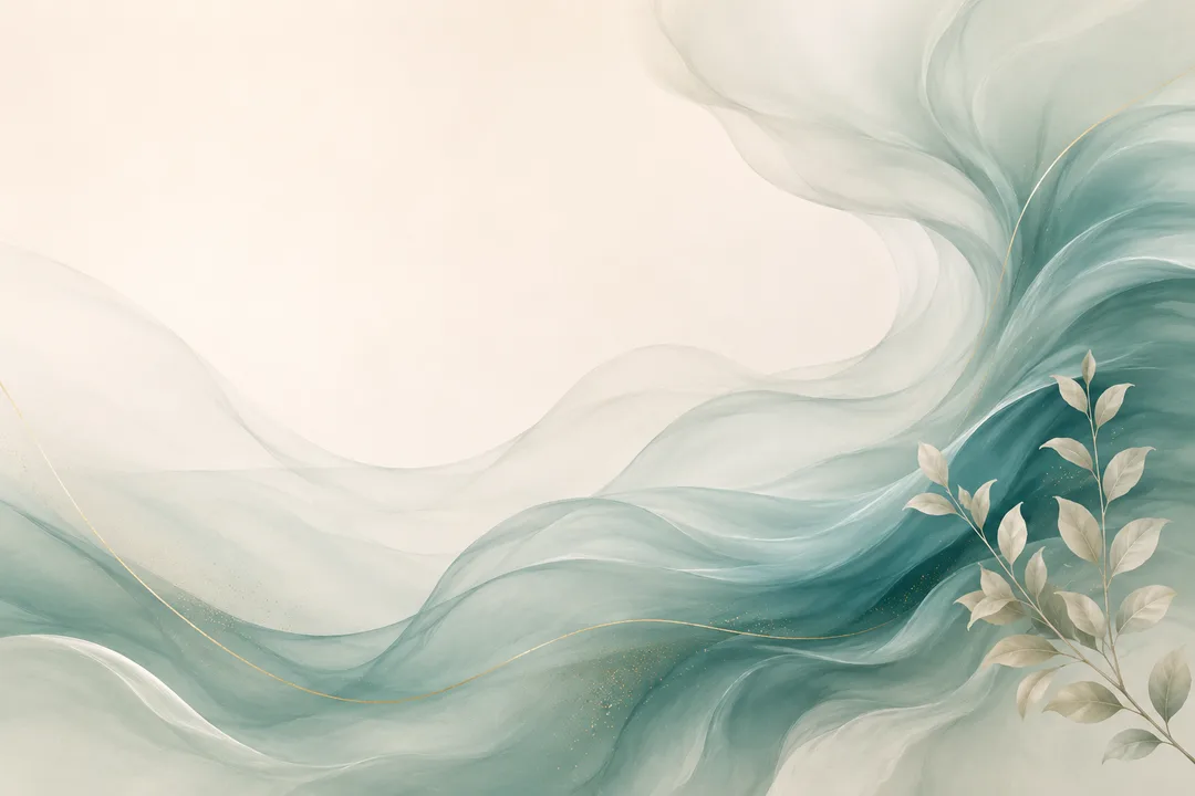 Flowing teal silk artwork with gold threads